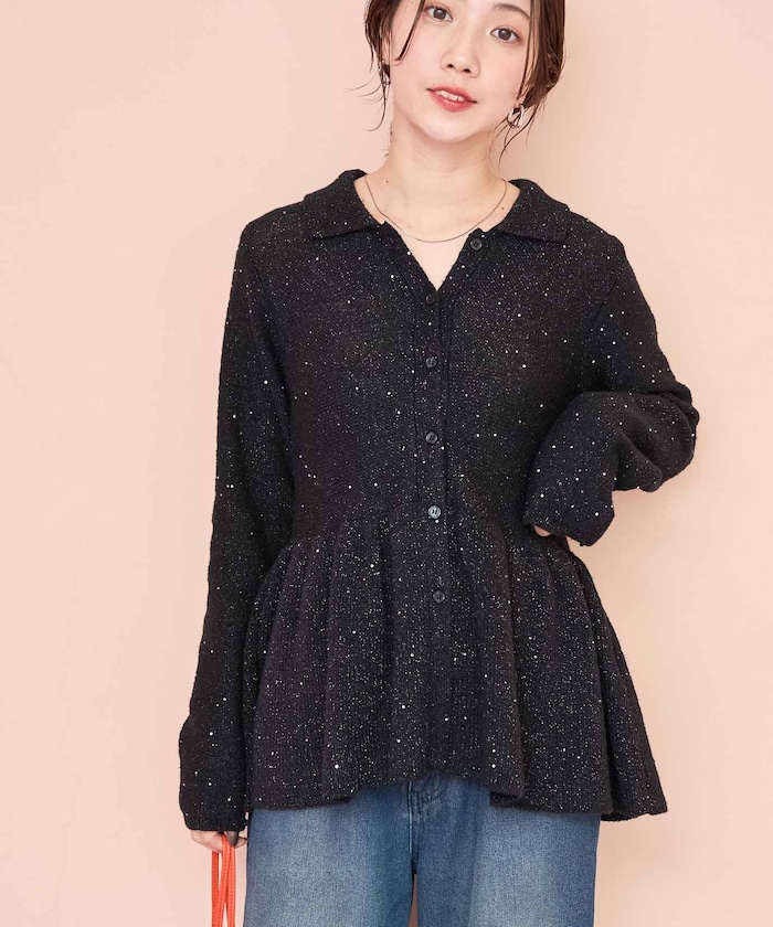 襟付き スパンコール ペプラム カーディガン【限定展開】