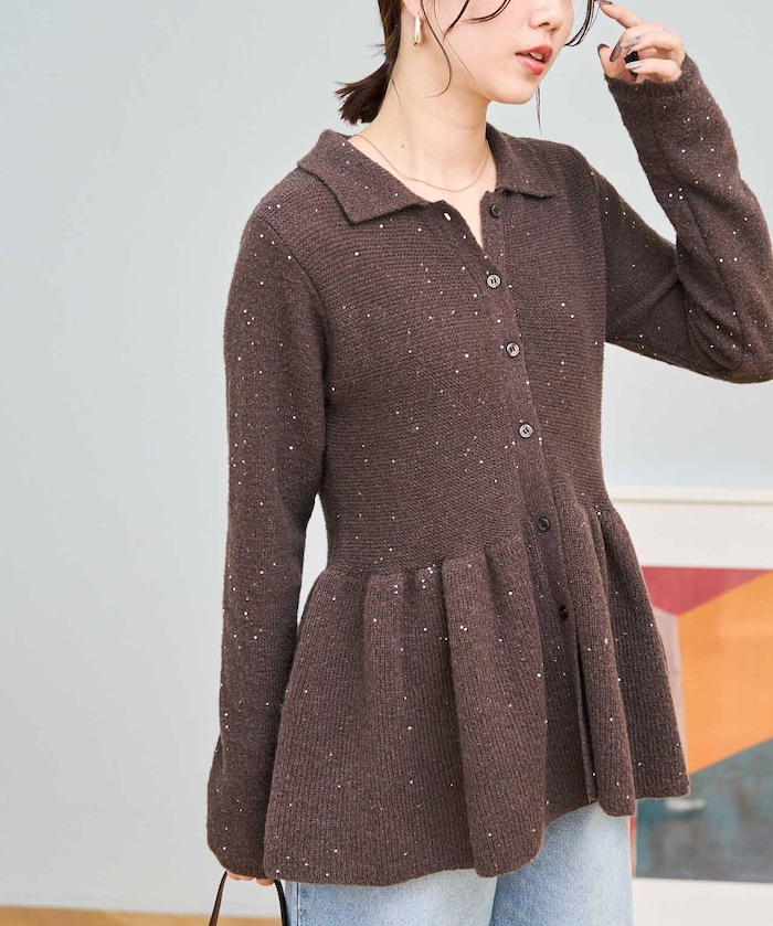 襟付き スパンコール ペプラム カーディガン【限定展開】