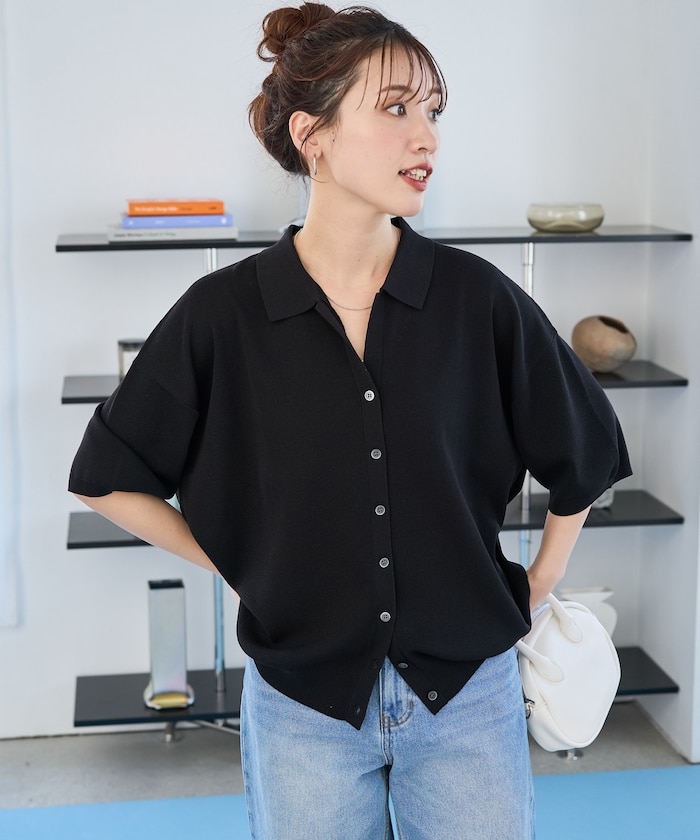 ポロ衿半袖ニットボタンカーディガン【限定展開】