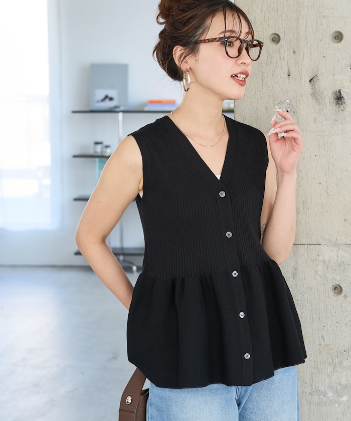サマーニット ペプラム ノースリーブ ボタン ベスト【限定展開】