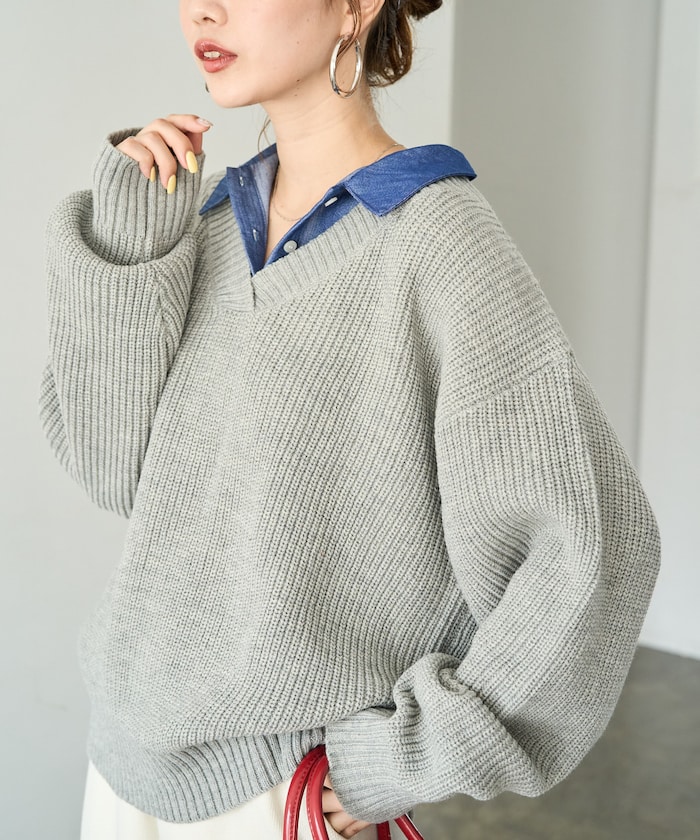シャツ レイヤード Vネック ニット プルオーバー【限定展開】