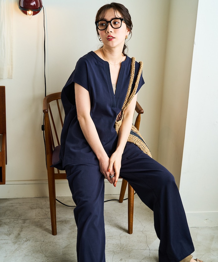 Vネック フレンチ スリーブ パンツ セットアップ(カットソー・パンツ)【限定展開】