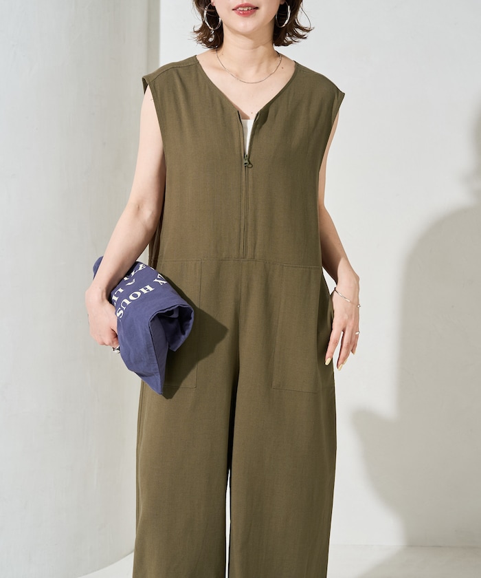 麻混 Vネック オールインワン【限定展開】