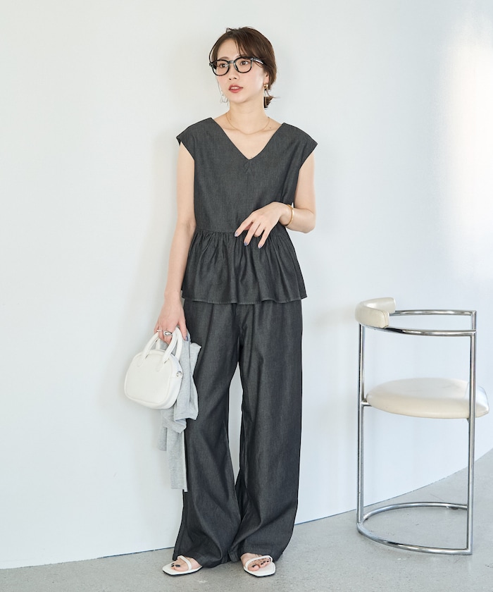 レーヨンデニムノースリーブセットアップ(ブラウス・イージーパンツ)【限定展開】