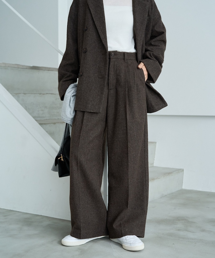 <セットアップ対応>ウールライク チェック タック パンツ【限定展開】