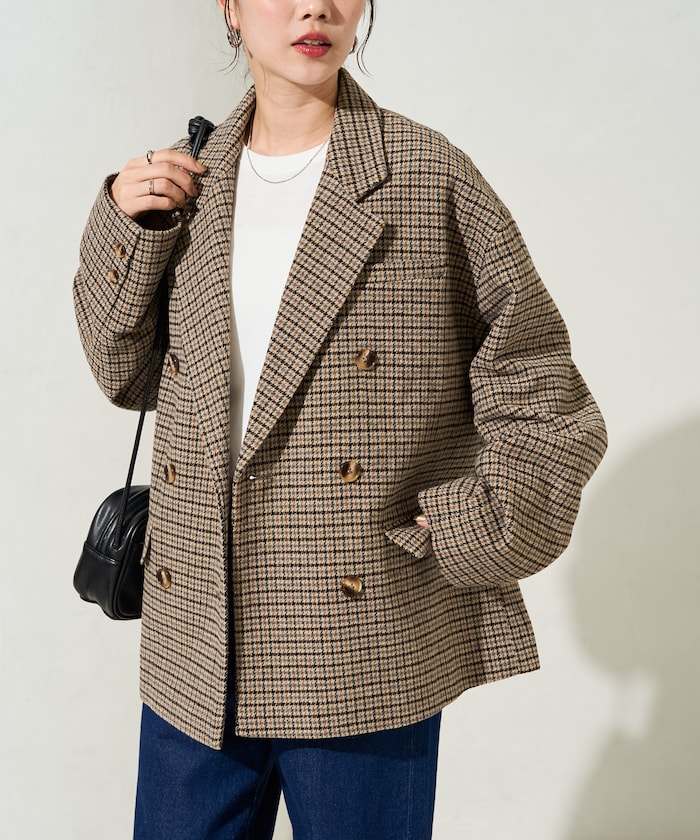<セットアップ対応>ウールライク チェック ダブル ジャケット【限定展開】