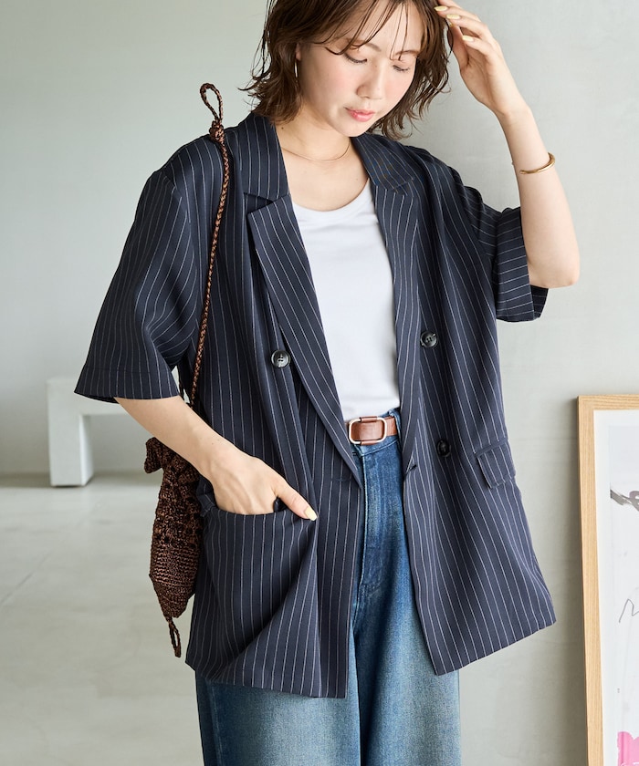 <セットアップ対応>ピンストライプ 半袖 テーラード ジャケット【限定展開】