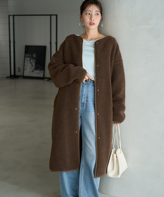 ノーカラー ボア パイピング ロングコート【限定展開】