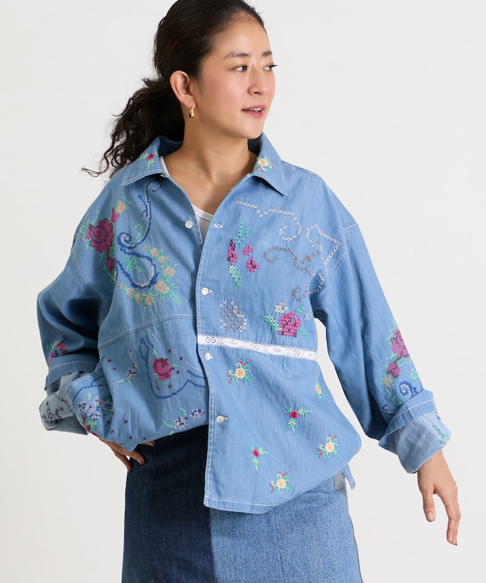 オープンカラー 刺繍 シャツジャケット