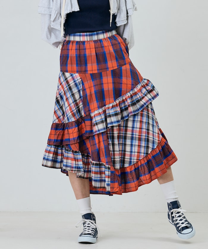 チェック×チェックアシメフリルスカート