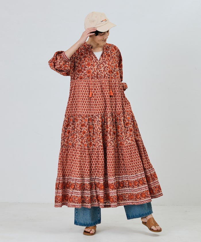 インド フラワープリント 4段ティアード ドレス