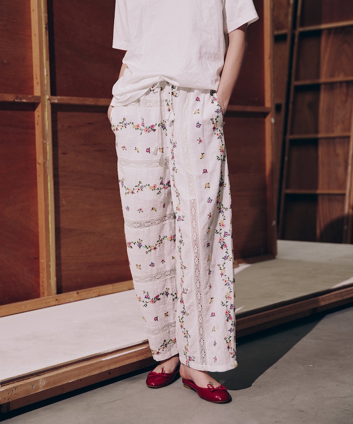 ドビー花刺繍×レースパンツ