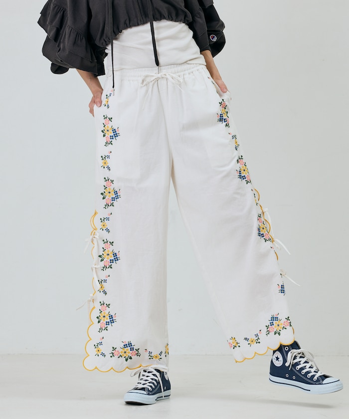 インド スカラップ 花刺繍 パンツ