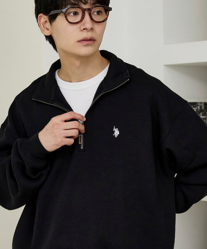 別注 ワンポイント 刺繍 裏起毛 ハーフジップ スウェット　限定展開