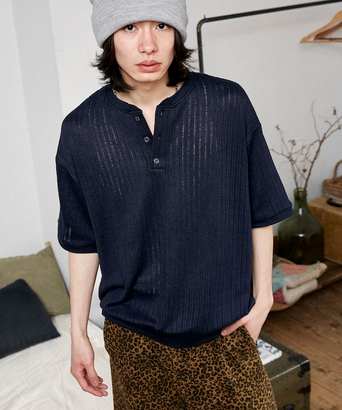 LOVE POP STUDIO パターン メッシュ ヘンリーネック Tシャツ　限定展開