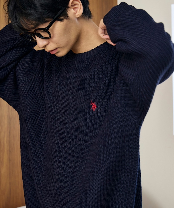 別注 ワンポイント 刺繍 畦編み クルーネック ニット プルオーバー　限定展開