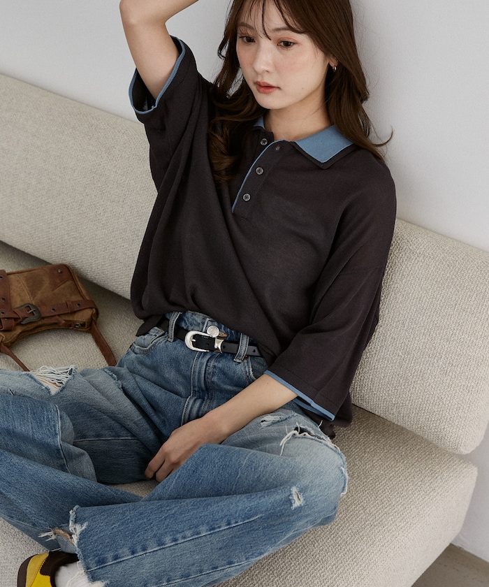 LOVE POP STUDIO　襟レイヤードニットポロシャツ　限定展開