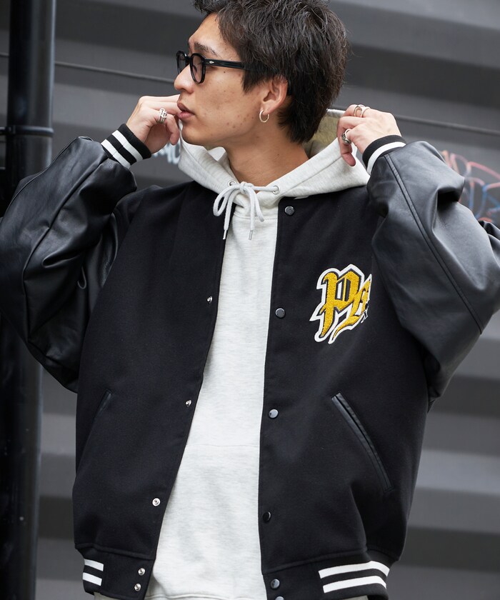 MBOTT スタジャンバーシティージャケット黒ワッペンボット 伊勢丹