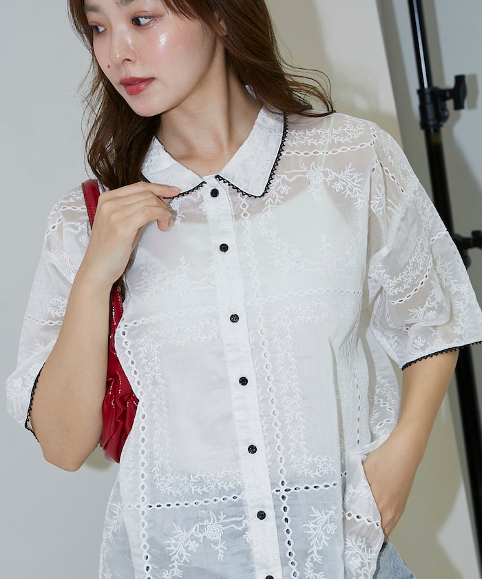 ピコレース付き 配色 衿 レースシャツ　限定展開