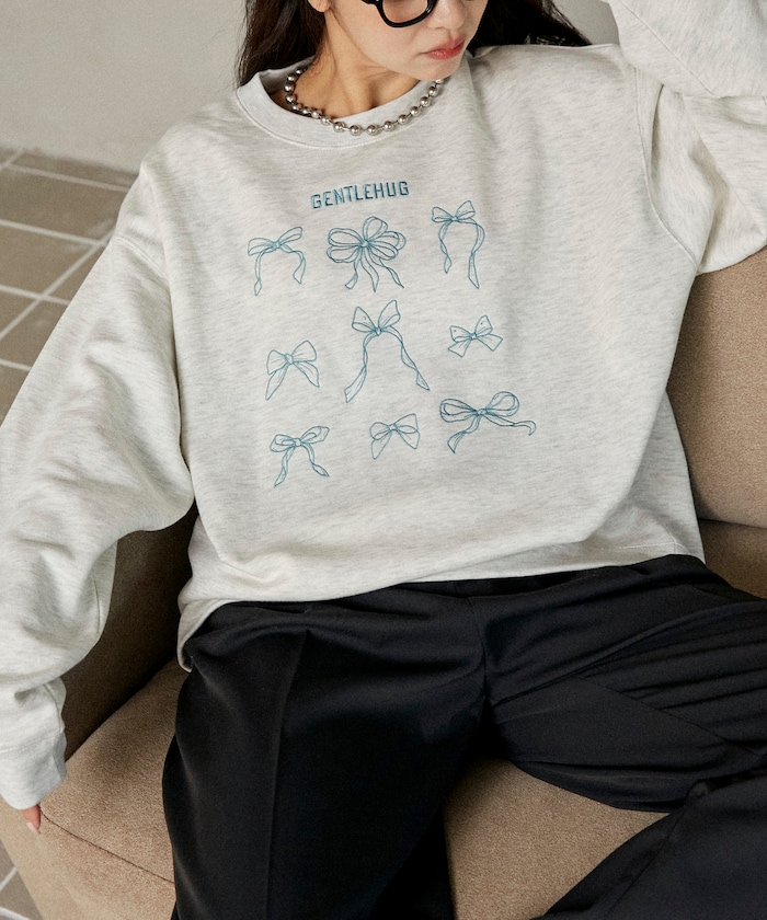 リボン 刺繍 裏起毛 クルーネック スウェット　限定展開