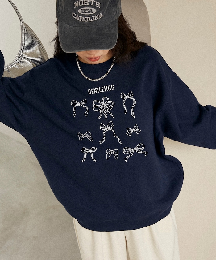 リボン 刺繍 裏起毛 クルーネック スウェット　限定展開