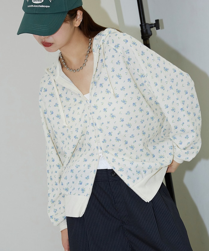 ワッフル 花柄 ジップパーカー　限定展開