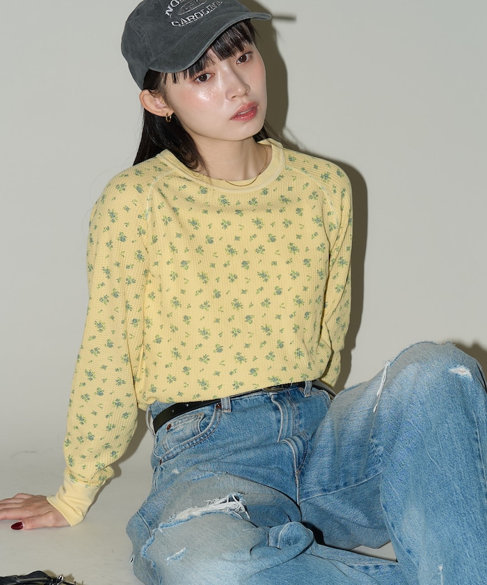 ワッフル オーバーダイ 花柄 ロンT　限定展開