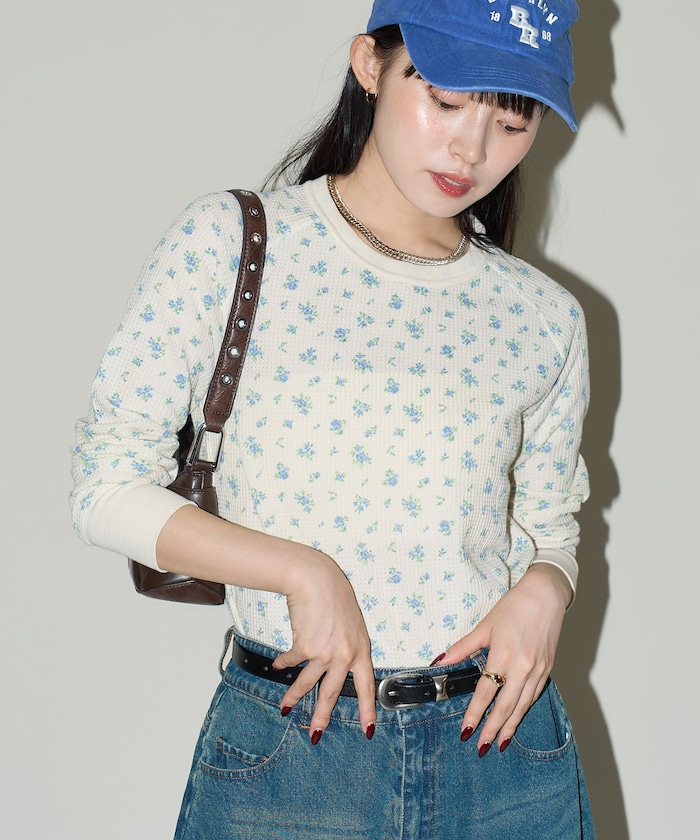ワッフル 花柄 ラグラン ロンT　限定展開