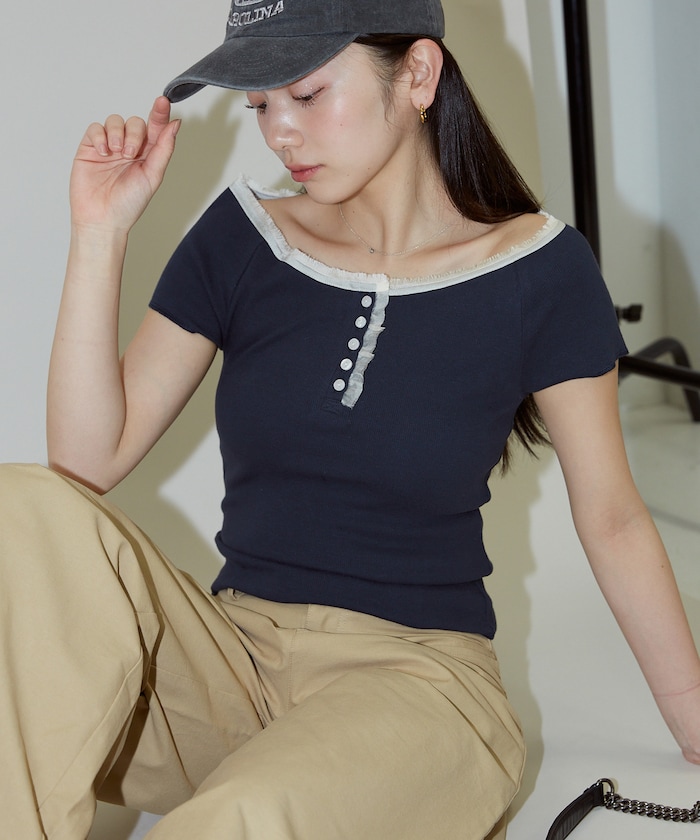 襟 レース 切替 ヘンリー リブ Tシャツ