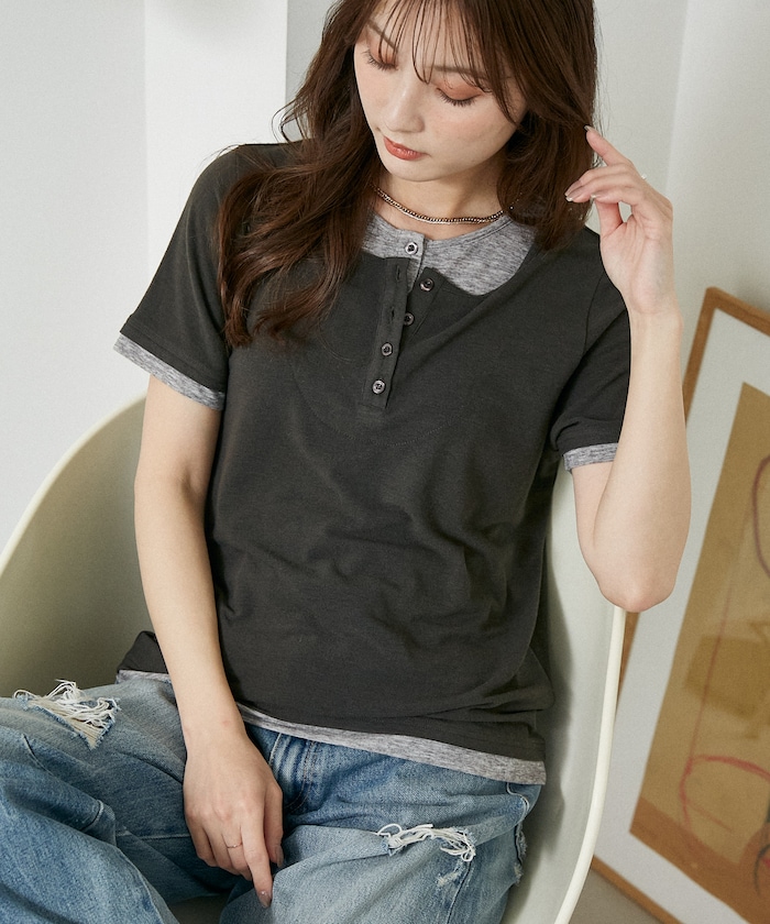 レイヤード風 ヘンリーネック Tシャツ　限定展開