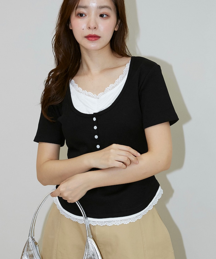 半袖 レース レイヤード風 ヘンリーネック カットソー　限定展開