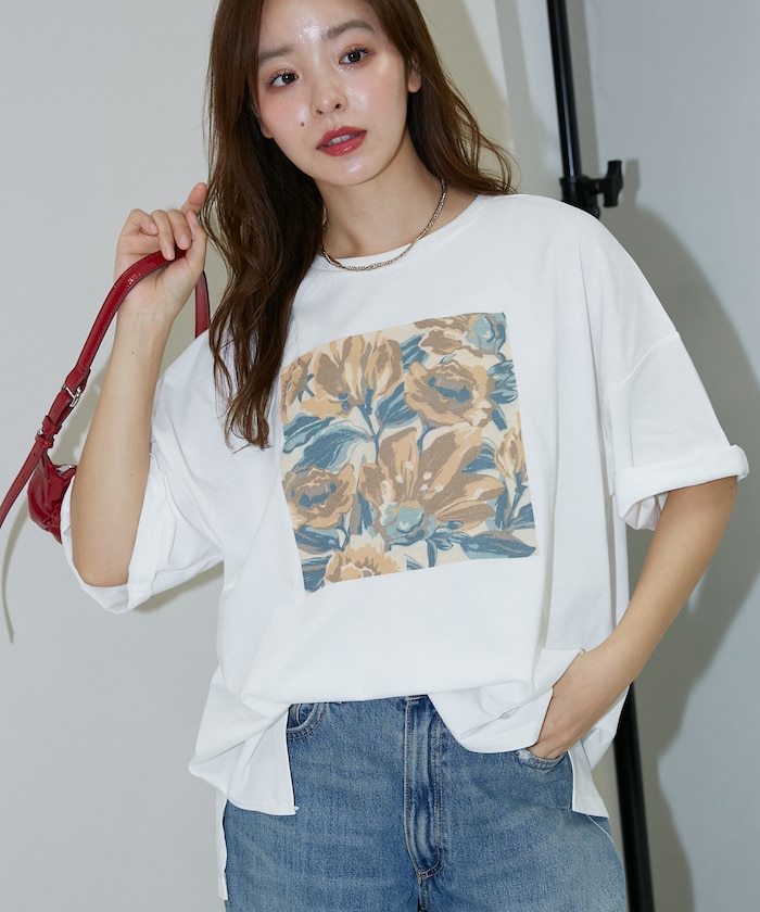 花 ニュアンス アート ボックスプリント ビッグシルエット Tシャツ　限定展開