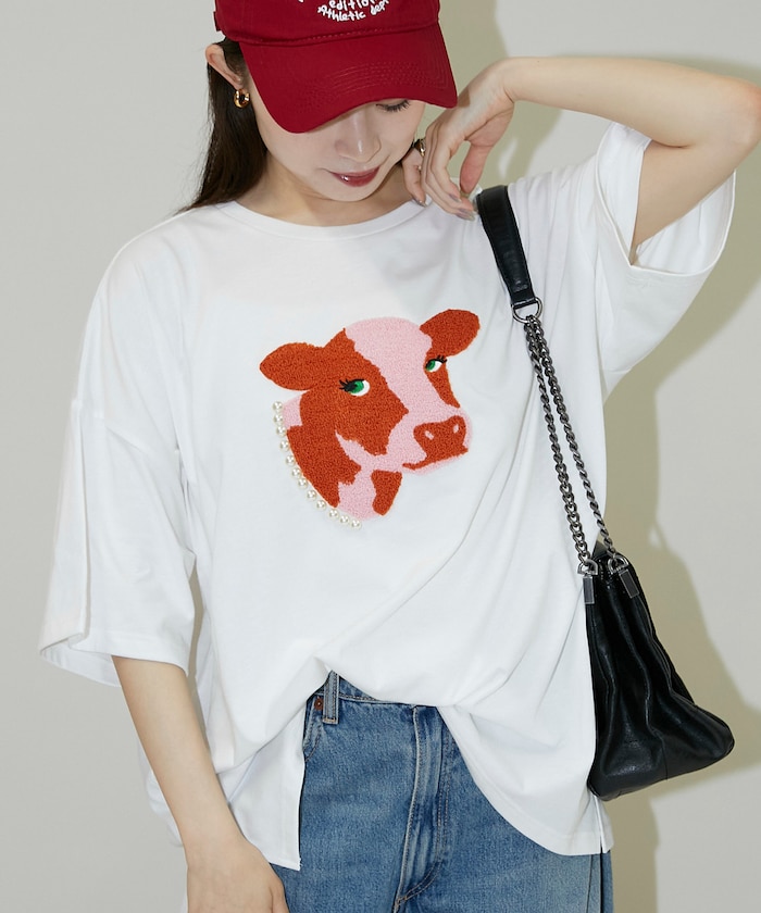 パール付 牛 相良刺繍 ビッグ Tシャツ　限定展開