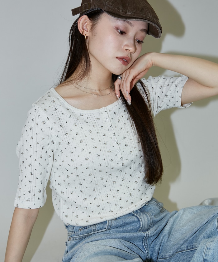 針抜き フライス フラワー ハーフスリーブ ヘンリーネック プルオーバー　限定展開