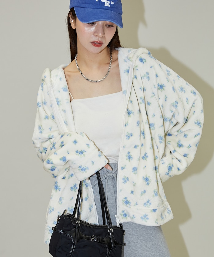 フラワープリント フリース ジップ カーディガン