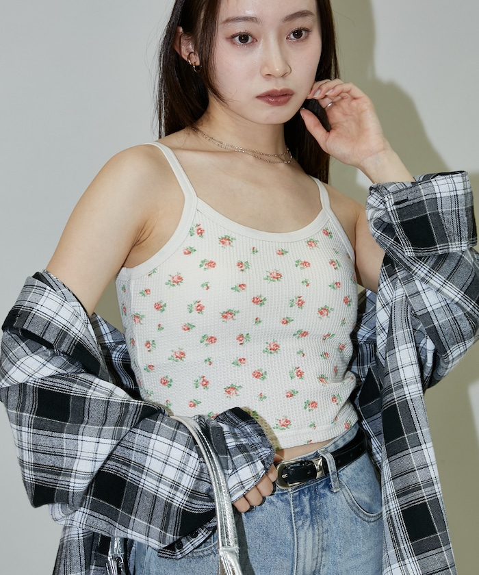 ワッフル フラワー クロップド カップ付き キャミソール　限定展開