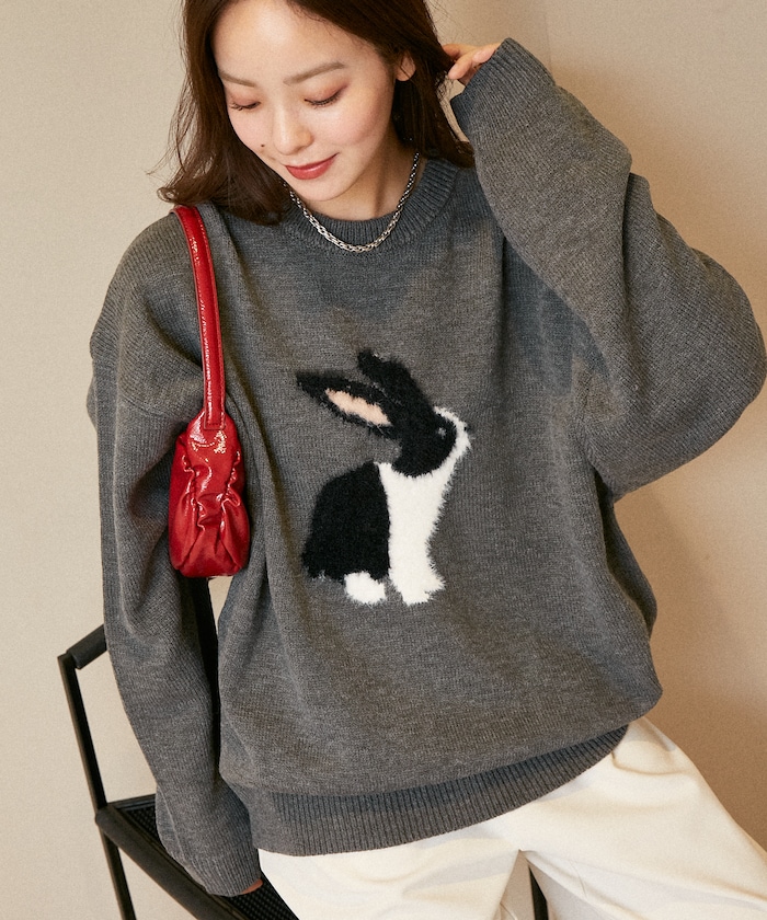 PUBLUX/シャギー刺繍 ラビット デザイン ニット 限定展開