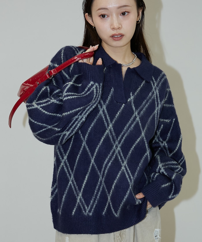チェック柄 モヘアタッチ スキッパーニット　限定展開