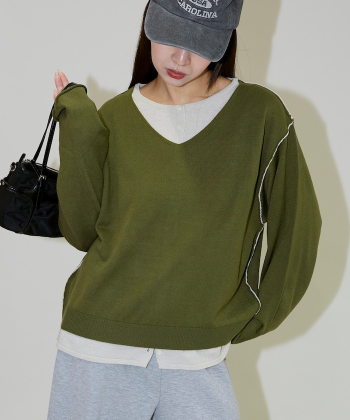 レイヤード風 配色 ニット プルオーバー　限定展開