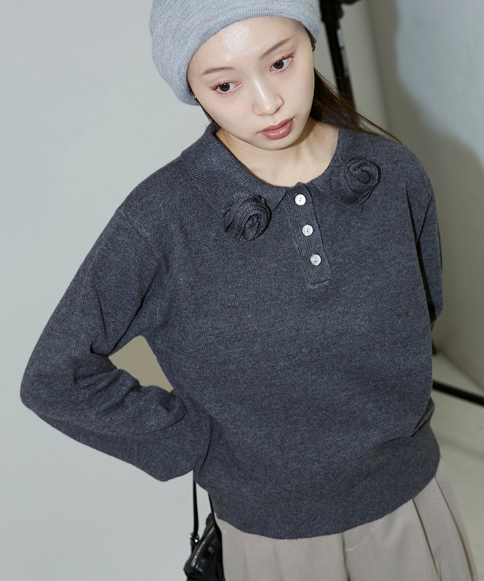 フラワーモチーフ付きポロニットプルオーバー　限定展開