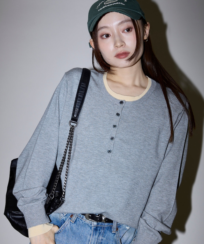 天竺 ヘンリーネック レイヤード ニット　限定展開