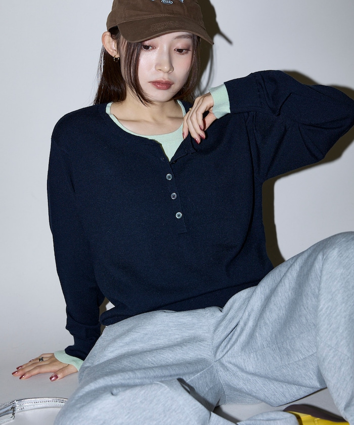 天竺 ヘンリーネック レイヤード ニット　限定展開