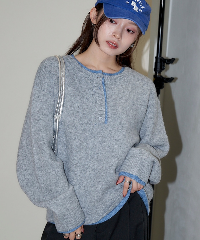 配色 レイヤード ヘンリーネック ニット　限定展開