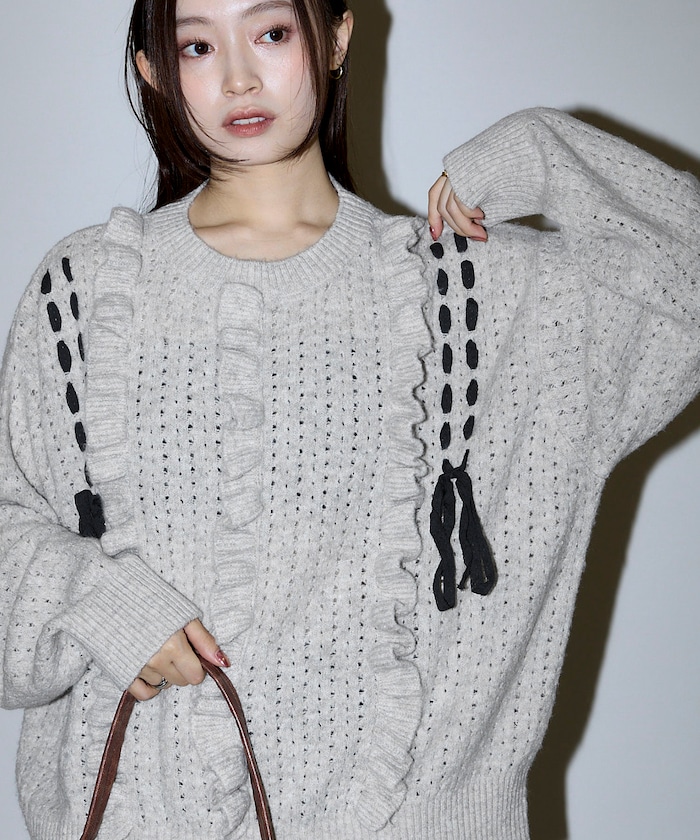 リボン 編み込み フリル ニット プルオーバー　限定展開