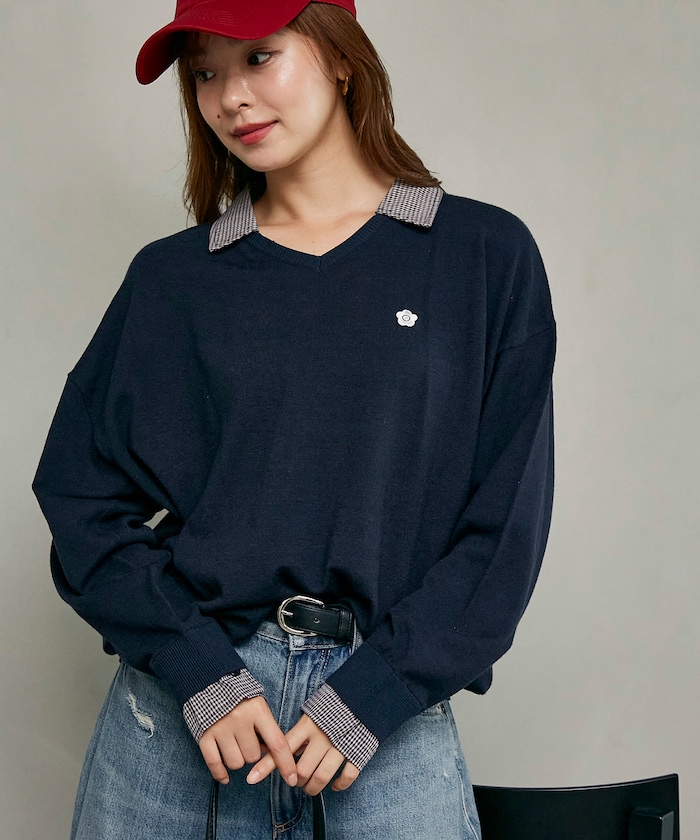 【8月28日 10:00販売開始】別注 チェック シャツ レイヤード風 スキッパー ロングスリーブ ニット　限定展開