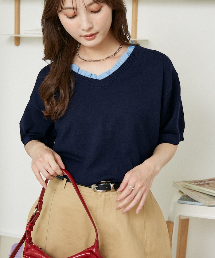 シャツ フリル Vネック ハーフスリーブ サマーニット　限定展開