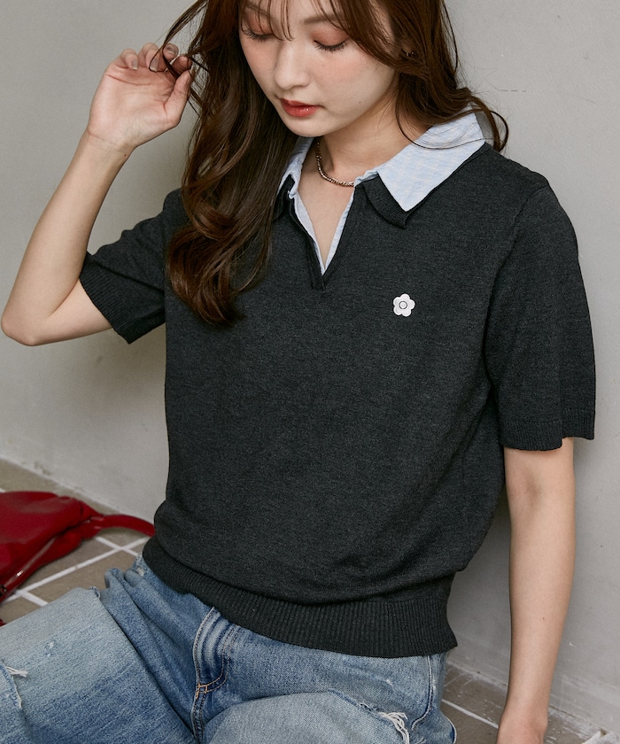 【4月3日 10:00販売開始】チェック シャツ レイヤード風 スキッパー ニット　限定展開