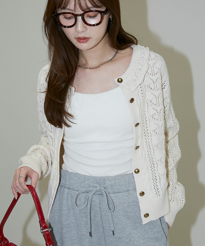 PUBLUX/襟付 かぎ針編み風 ニットカーディガン 限定展開｜Daytona Park