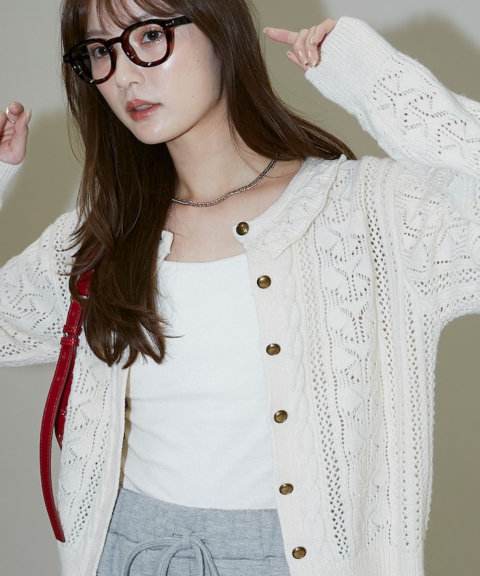 【人気ブランド】HIDE AND SEEK ニット　カーディガン　ホワイト　M PUBLUX/襟付 かぎ針編み風 ニットカーディガン 限定展開｜Daytona Park