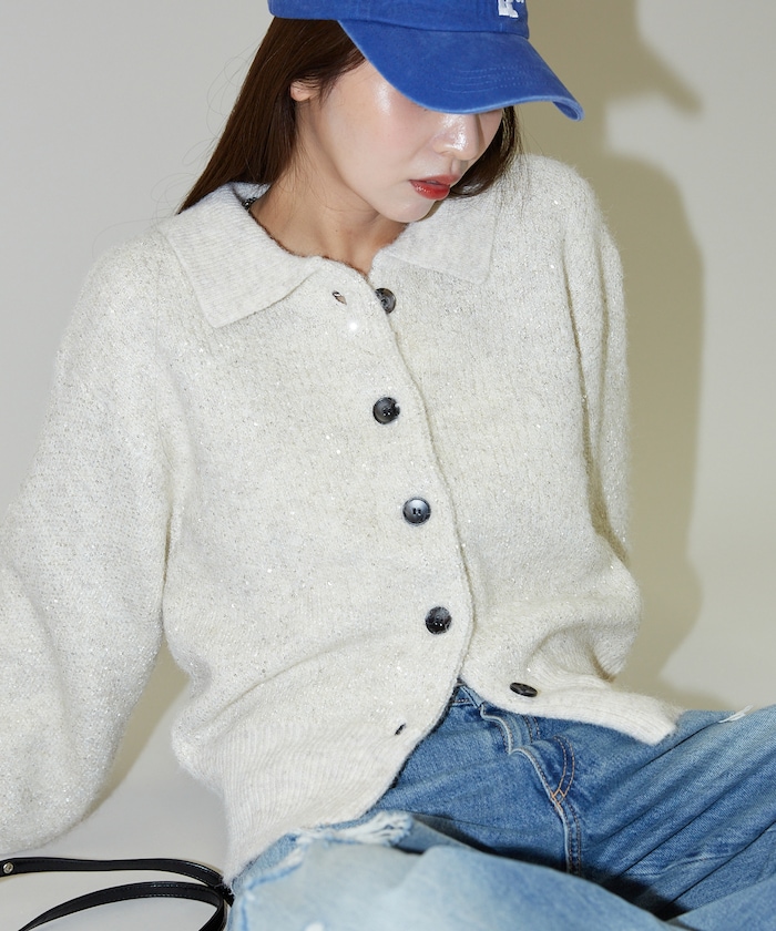 スパンコール プレーティング ポロ カーディガン　限定展開